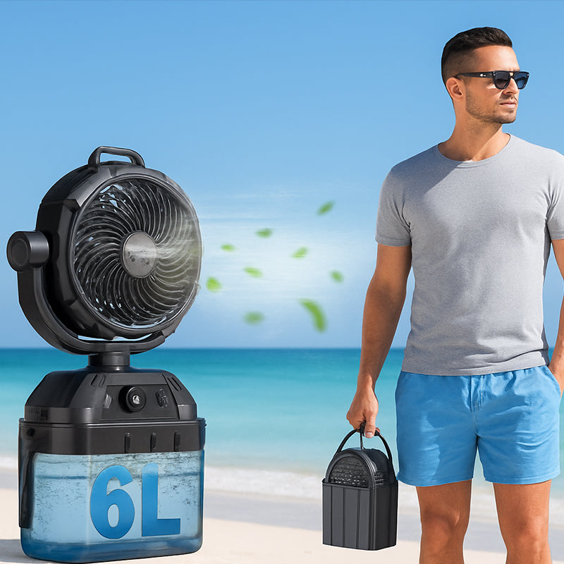 AxiaTool portable misting fan with remote control, designed for cooling outdoor patios in warm weather.