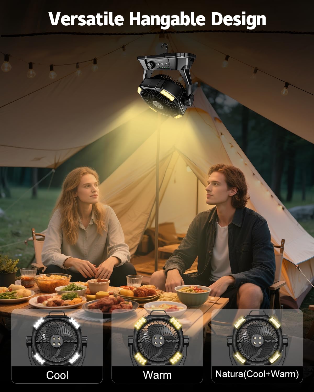 Two people sitting at a campsite with a tent and outdoor setting, featuring a light fixture labeled 'Versatile Hangable Design' with cooling, warm, and natural light options.