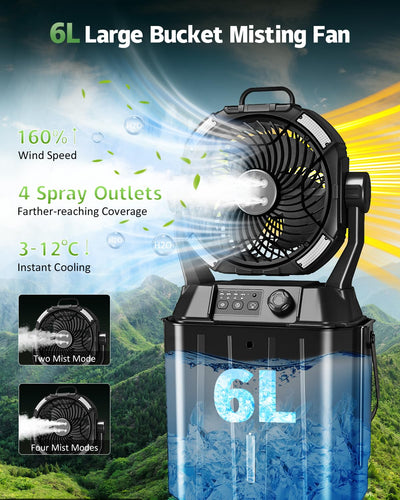 6L Large Bucket Misting Fan with features highlighted on a scenic background