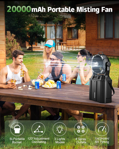 Portable misting fan with 20000mAh capacity on a table outdoors, with people enjoying drinks and food.