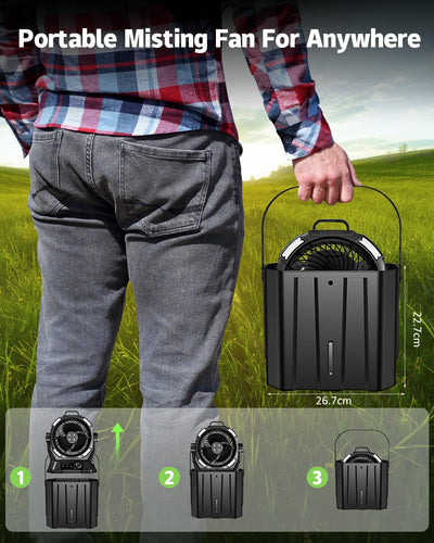 AxiaTool portable misting fan with LED lights, designed for outdoor patios, showcasing a sleek and modern design.