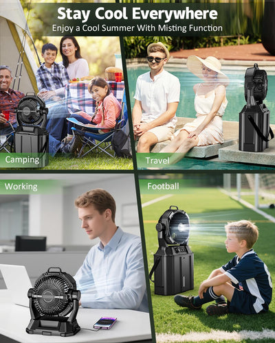 Collage of a misting fan in various settings with text 'Stay Cool Everywhere'.