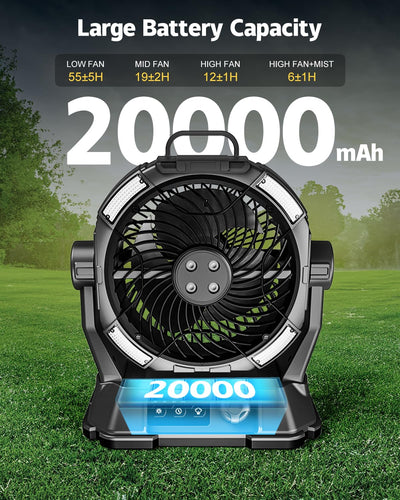 Portable fan with large battery capacity display on grassy background
