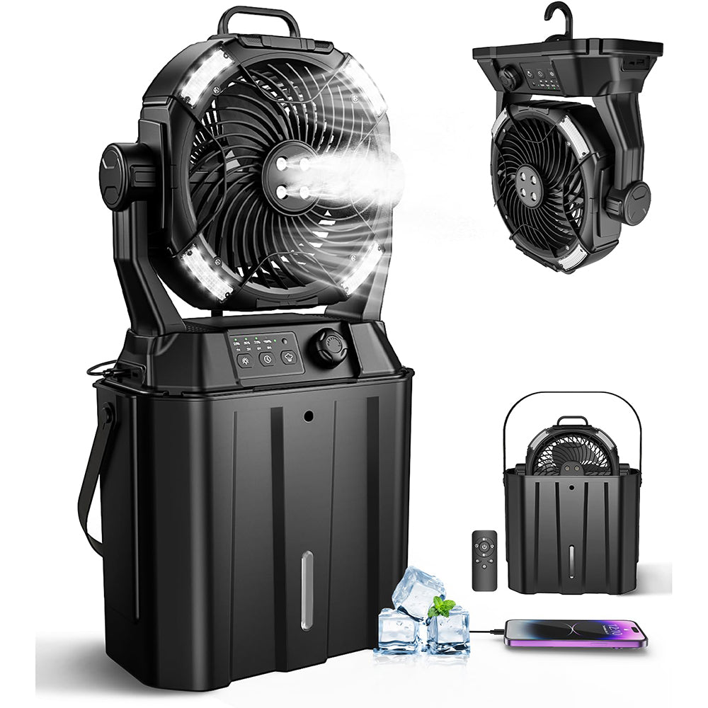 Black portable fan with remote control and charging cable on a white background