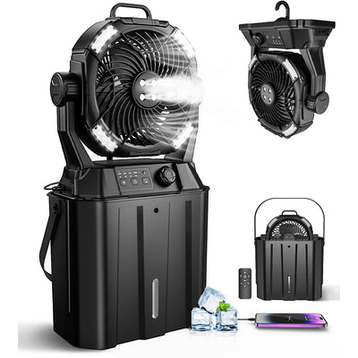Black portable fan with remote control and charging cable on a white background