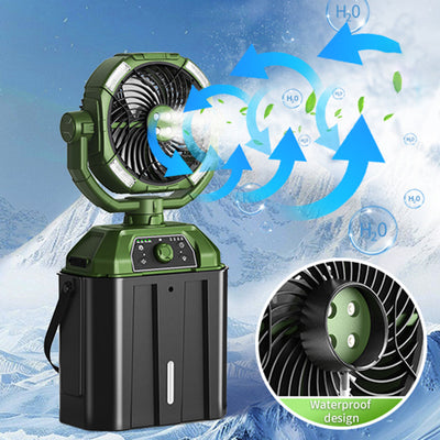 AxiaTool portable misting fan with LED lights, designed for outdoor patios, showcasing sleek design and misting features.