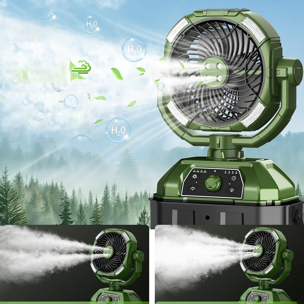 Green outdoor fan with water spray feature against a forest background