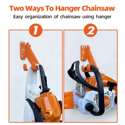 AxiaTool chainsaw stand wall mount set for organizing garden tools in garage or workshop.