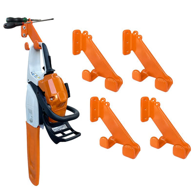 AxiaTool chainsaw stand wall mount for organizing garden tools in garage or workshop, featuring sturdy metal construction.