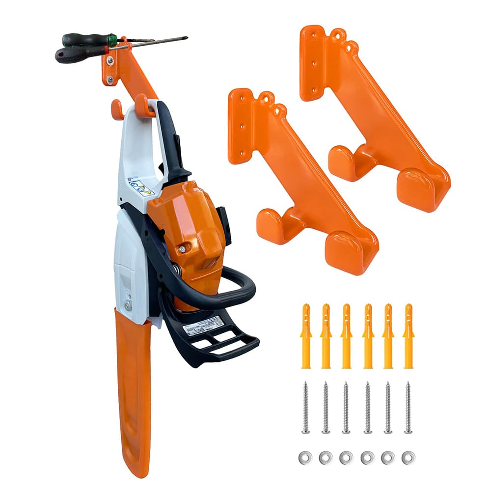 AxiaTool chainsaw stand wall mount, designed for garden, garage, and workshop storage solutions.