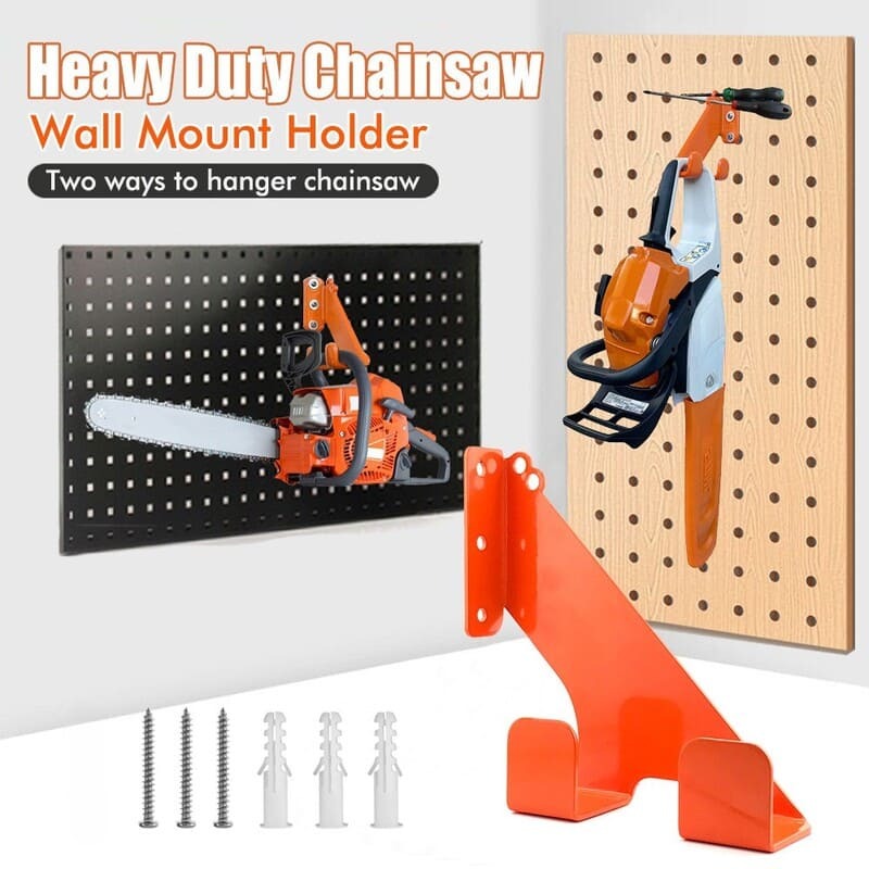 AxiaTool chainsaw stand wall mount, designed for organizing tools in garden, garage, or workshop settings.