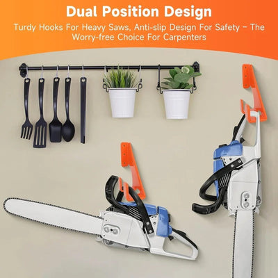 AxiaTool chainsaw stand wall mount, ideal for organizing garden tools in garage or workshop, featuring sturdy design.