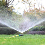 Sprinkler spraying water on a grassy area with trees in the background