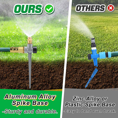 360° automatic aluminum lawn sprinkler by AxiaTool set up in a green yard, showcasing its rotating spray pattern.