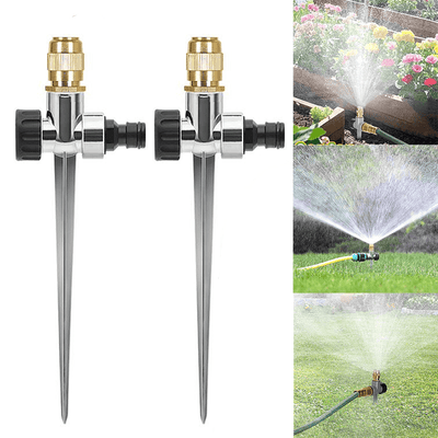 AxiaTool 360° automatic aluminum lawn sprinkler in a green yard, showcasing its rotating spray pattern and sturdy design.
