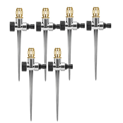 AxiaTool 360° automatic aluminum lawn sprinkler set up in a lush green yard, watering plants evenly.