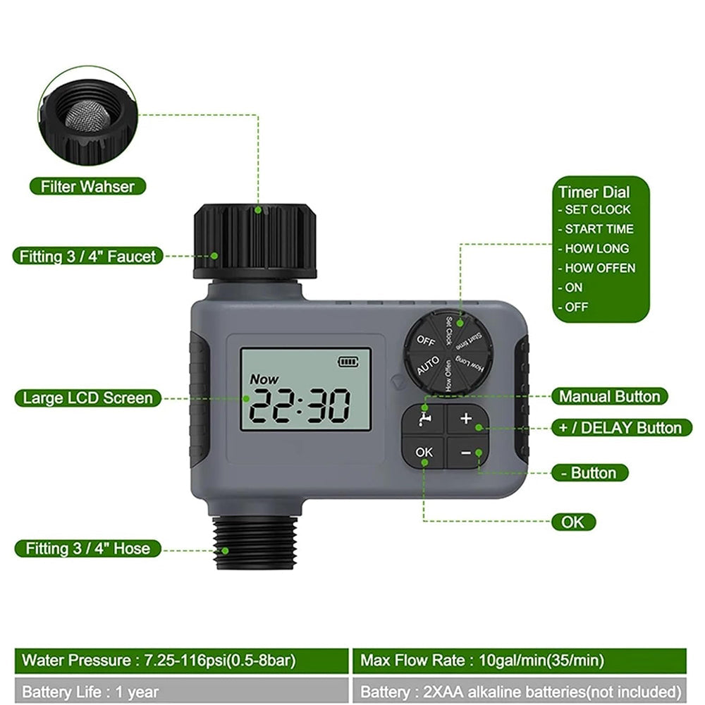 AxiaTool LED display timer automatic watering sprinkler in a garden setting, showing dials and hose connections.
