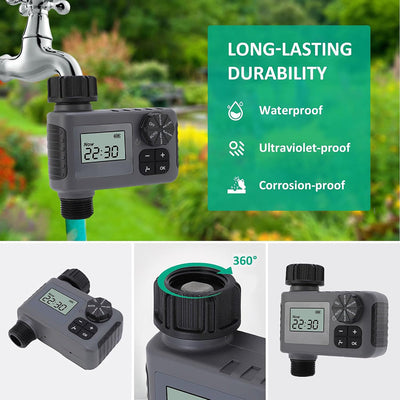 AxiaTool LED display timer for automatic watering in a garden setting, showcasing control panel and sprinkler attachment.