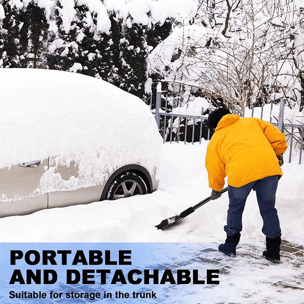 AxiaTool 3-in-1 snow shovel with detachable handle and ice saw, designed for efficient winter snow removal.
