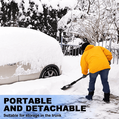 AxiaTool 3-in-1 snow shovel with detachable handle and ice saw, designed for efficient winter snow removal.