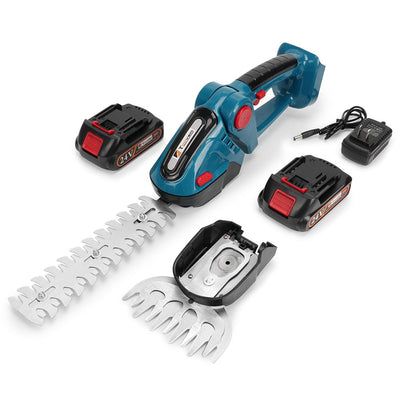 Gardening tool set with hedge trimmer, battery packs, and attachments on a white background