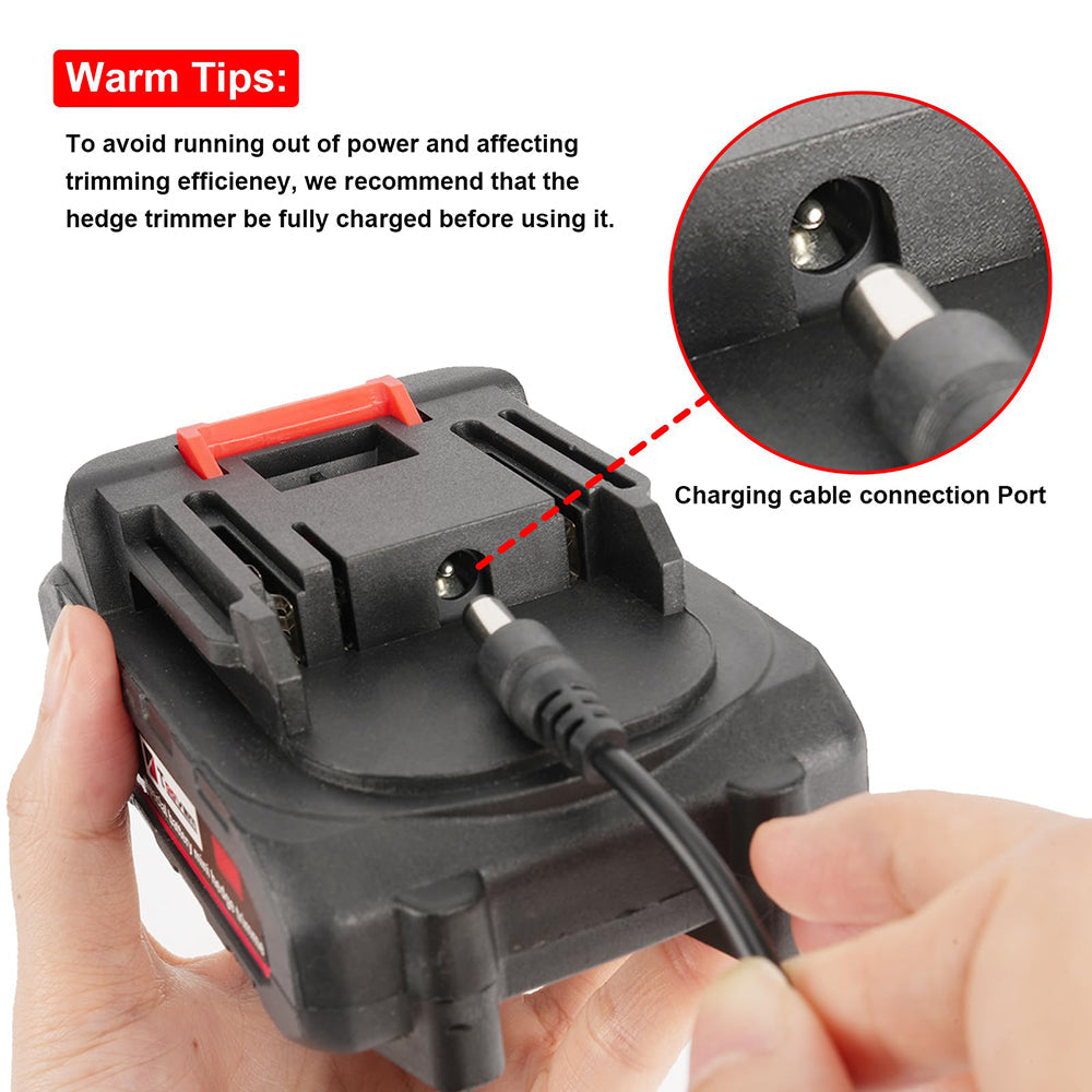Battery charger with charging cable connection port, held by a hand, with text on warm tips.