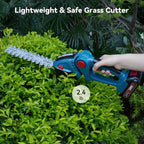 Handheld grass cutter being used on a bush with text highlighting its lightweight and safe features.