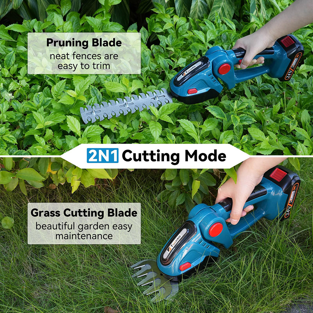 Gardening tool with pruning and grass cutting blades on a green background