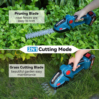 Gardening tool with pruning and grass cutting blades on a green background