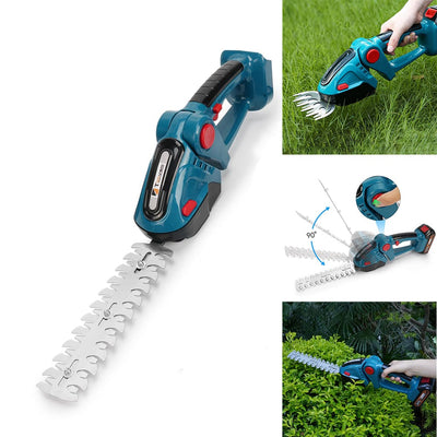 AxiaTool 2 in 1 cordless electric hedge trimmer with a sleek design and dual blade system for efficient gardening.