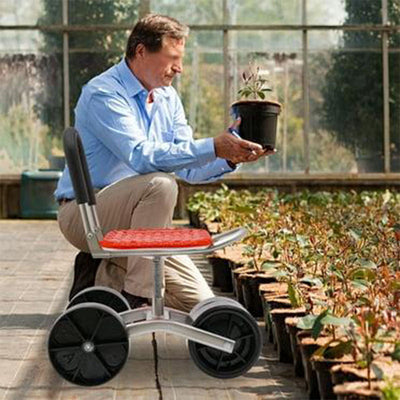 AxiaTool 360° adjustable height rotating garden seat with sturdy wheels and comfortable seating for easy gardening tasks.