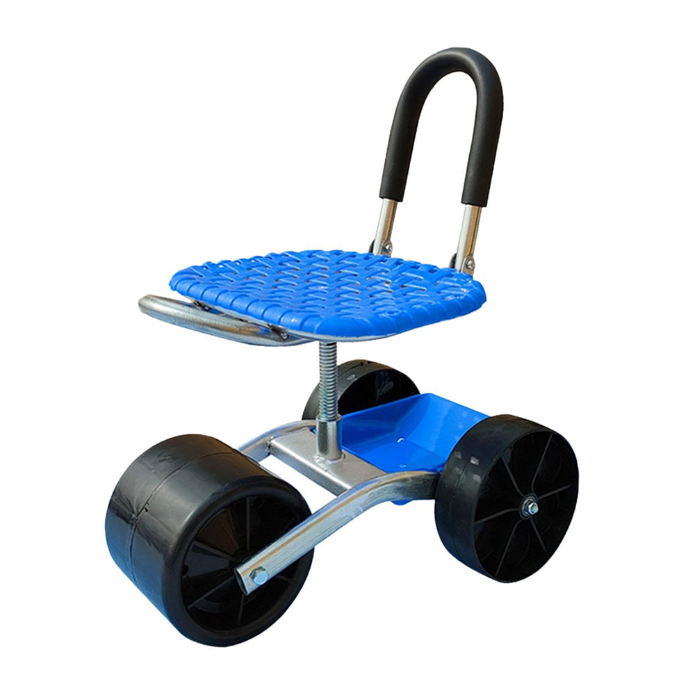 Blue step stool with wheels and handle on a white background