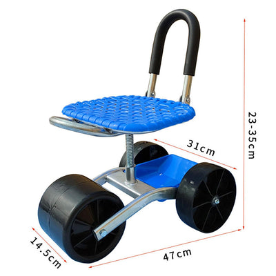 Blue step stool with wheels and handle, showing dimensions on a white background