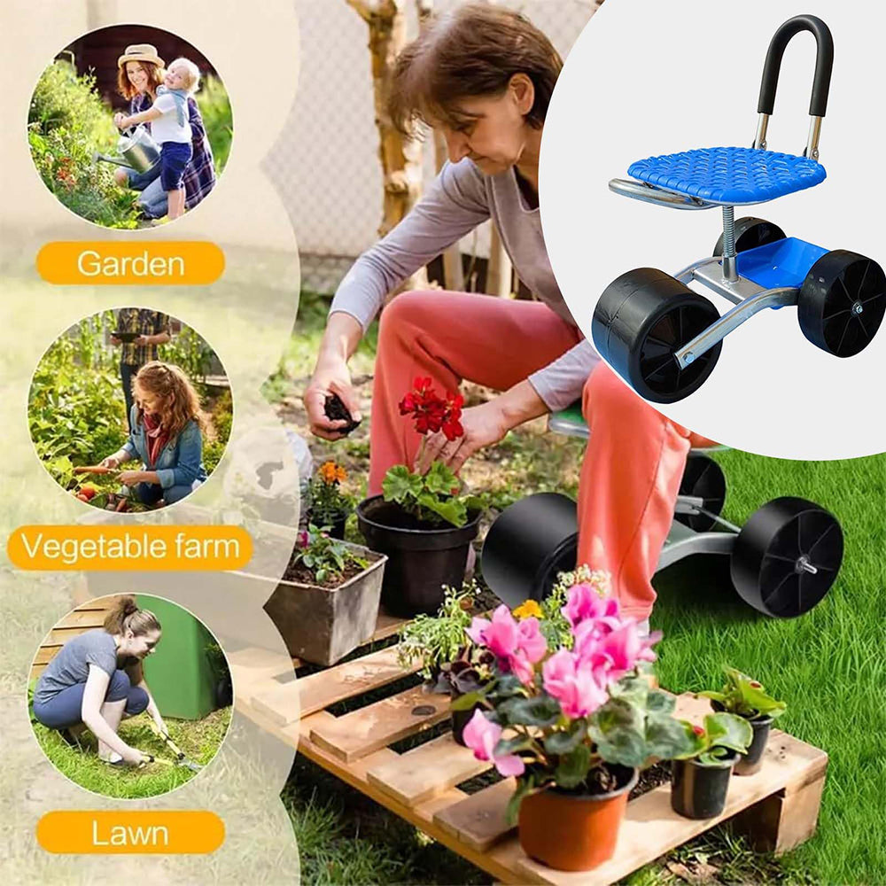 Woman gardening with a stool on wheels, surrounded by garden activities.
