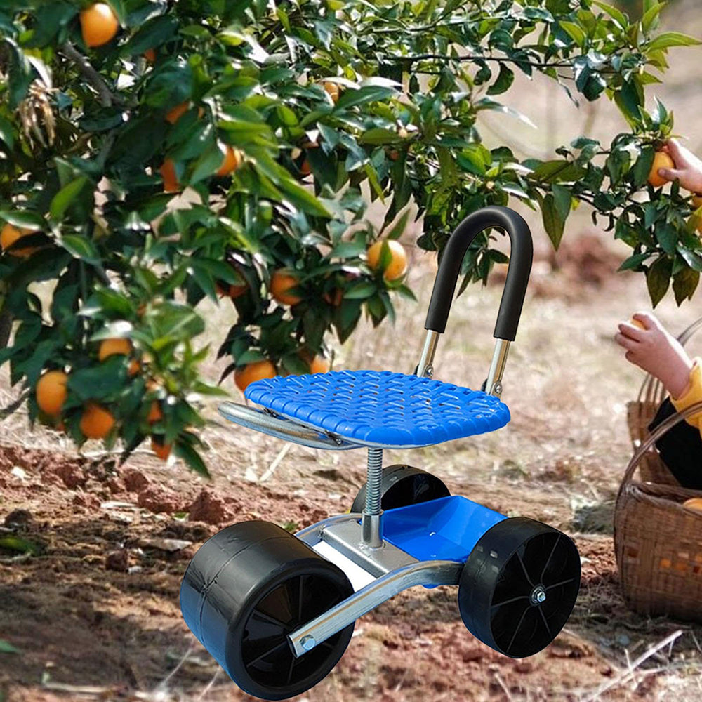Blue stool with wheels in an orchard setting