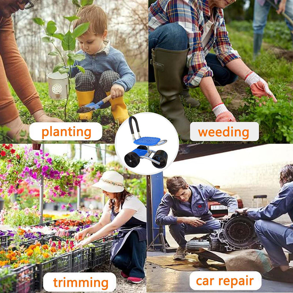 Collage of people engaged in gardening activities with text labels for 'planting', 'weeding', 'trimming', and 'car repair'.