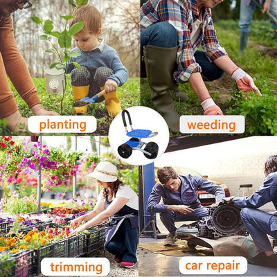 Collage of people engaged in gardening activities with text labels for 'planting', 'weeding', 'trimming', and 'car repair'.