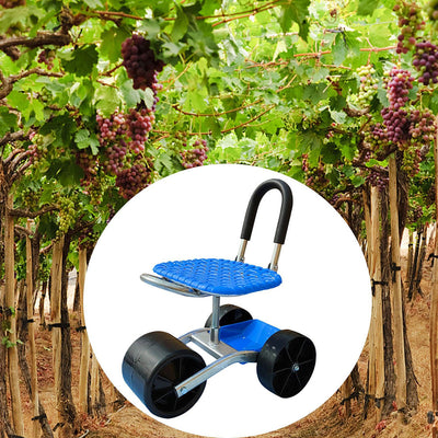 Blue and black wheeled stool with handle in a vineyard setting