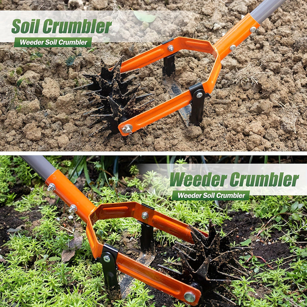 AxiaTool 2-in-1 adjustable garden tiller and weeder with ergonomic handle and sharp blades for easy soil preparation.