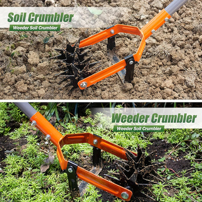 AxiaTool 2-in-1 adjustable garden tiller and weeder with ergonomic handle and sharp blades for easy soil preparation.