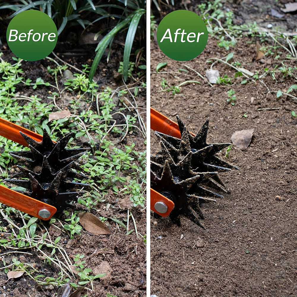 AxiaTool 2-in-1 adjustable garden tiller and weeder with ergonomic handle and sharp blades for efficient gardening.