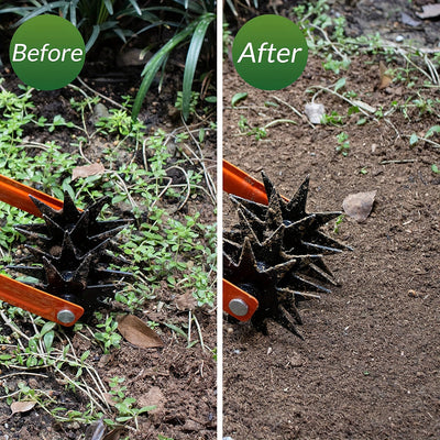 AxiaTool 2-in-1 adjustable garden tiller and weeder with ergonomic handle and sharp blades for efficient gardening.