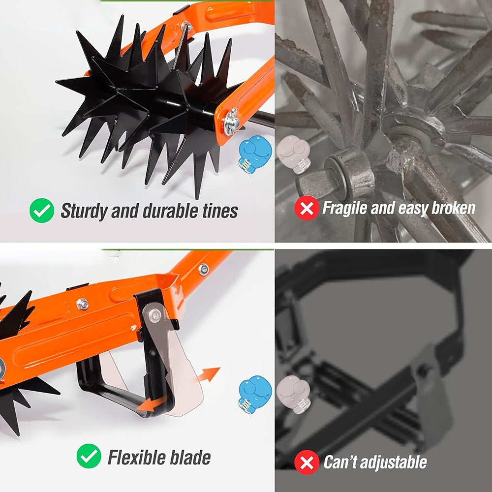 AxiaTool 2-in-1 adjustable garden tiller and weeder with ergonomic handle and sturdy metal blades in a garden setting.