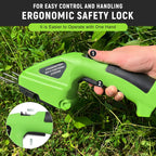 Green multi-functional scissors with ergonomic design held by a hand on grass, highlighting safety lock feature.