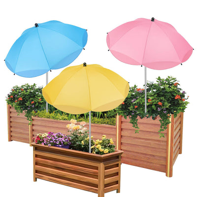 Wooden planters with colorful umbrellas and flowers on a white background