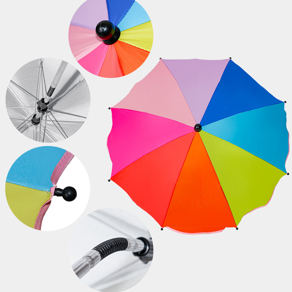 Colorful plant shade umbrella with potted plants in a garden setting