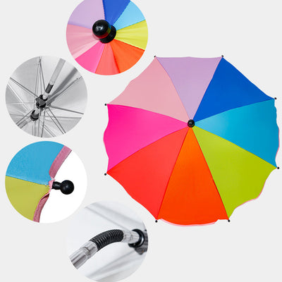 Colorful plant shade umbrella with potted plants in a garden setting