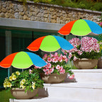 Colorful umbrellas shading potted plants on a stone patio.