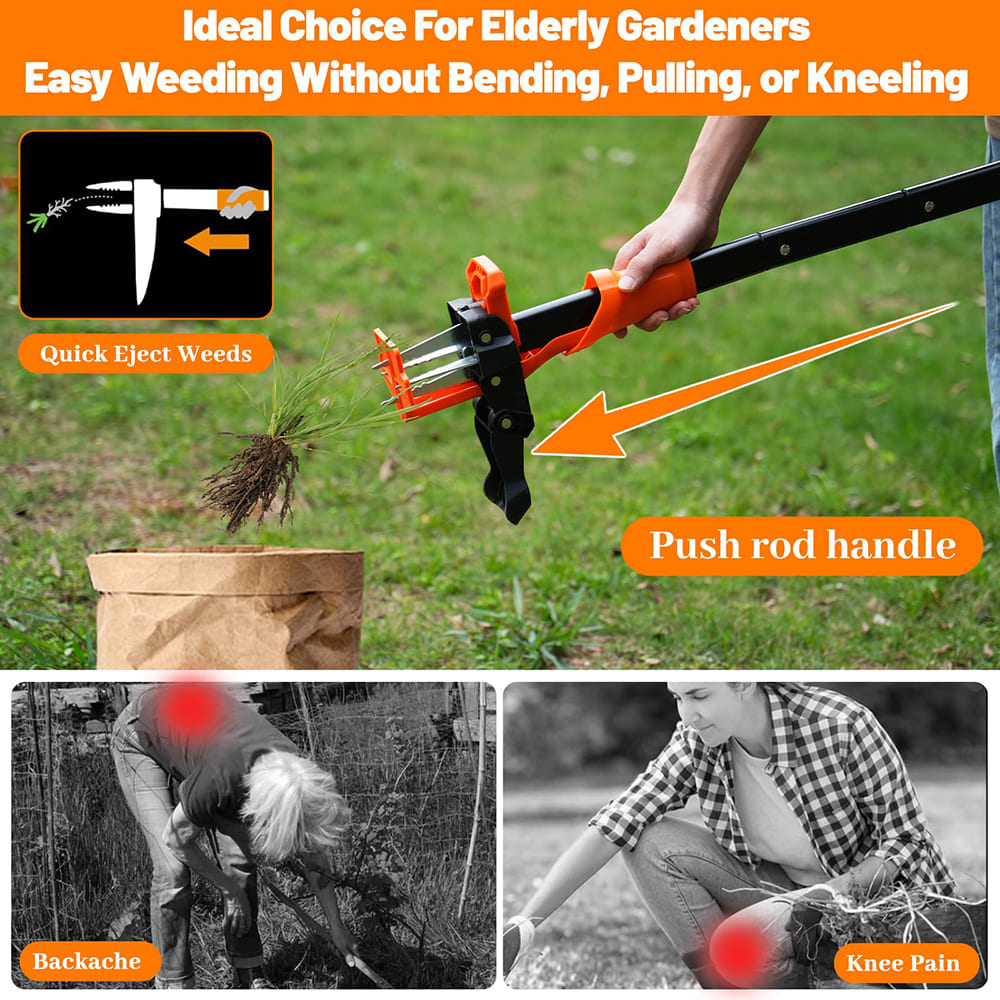 AxiaTool 39-inch long handle weed puller tool with ergonomic grip and sharp metal prongs for easy weed removal.