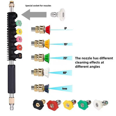 7-piece AxiaTool pressure washer set with extension wand and various nozzles for versatile cleaning tasks.